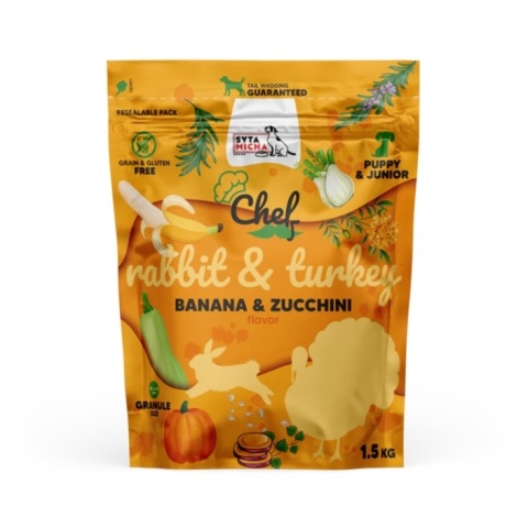 Syta Micha - Sucha karma dla szczeniąt Królik i indyk, banan i cukinia 1.5kg