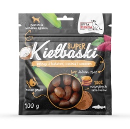 Syta Micha - Super kiełbaski z pstrągiem, batatem, cukinią i kokosem 100g
