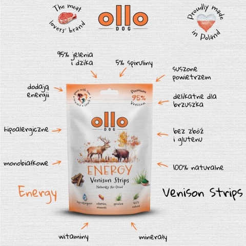 Ollo Air-Dried Energy Venison Strips - Przysmaki funkcyjne dla psa 80g