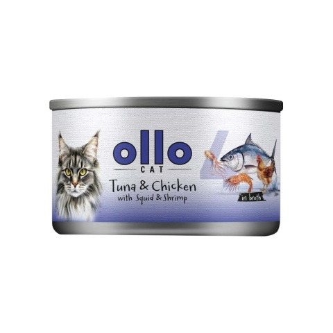 Ollo Cat - nr 4 Tuńczyk i Kurczak z Kałamarnicą i Krewetkami - Uzupełniająca karma mokra dla kota w bulionie 70g